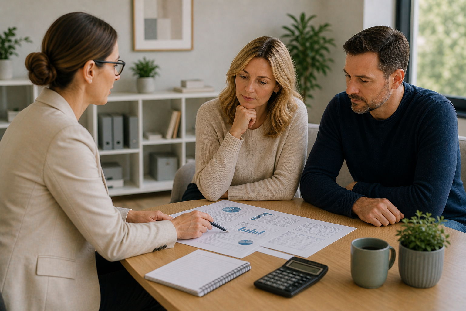 A family sitting together and talking in a calm way, with a mediator supporting the conversation
